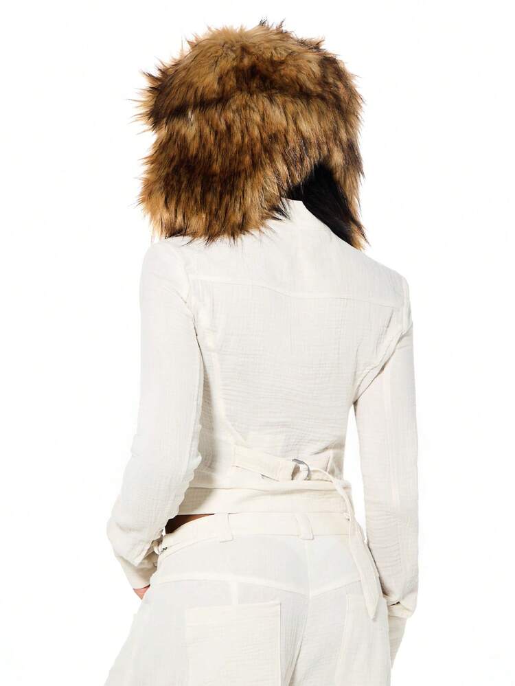 SUMWON Cropped Linen Feel Utility Jacket With Faux Fur Hood And Front Zip Closure Cargo Pockets Winter Outerwear