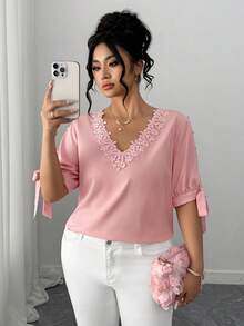 Elenzga 优雅时尚圆领荷叶边系带半袖珍珠装饰大码女式衬衫春夏上衣优雅休闲女士衬衫粉色夏季上衣 - 粉色 - 查看 6