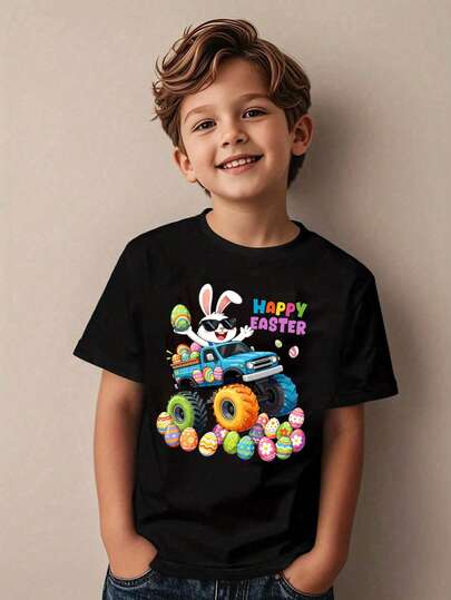 SHEIN GraphicGems Spring And Summer Casual Stylish Creative Personality Refreshing Cute Simple Cool Cartoon Rabbit Sunglasses Truck Egg Graphic Letter Slogan Print Basic Short Sleeve T-Shirt, Comfortable Outfit For Easter Atmosphere, Suitable For Spring Boys
