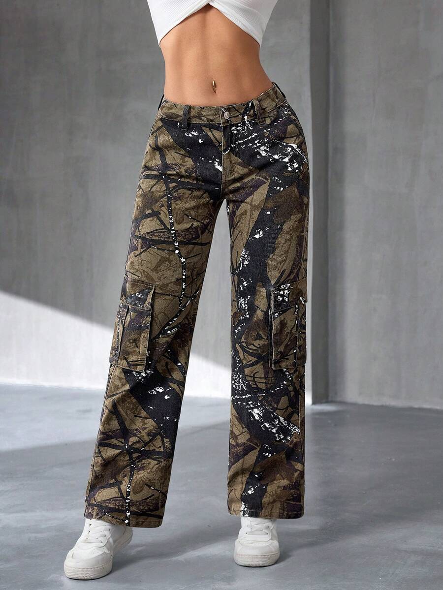 Jeanoix 休闲宽松直筒低腰迷彩多口袋女式牛仔裤，欧美街头风 - 彩色 - 查看 1