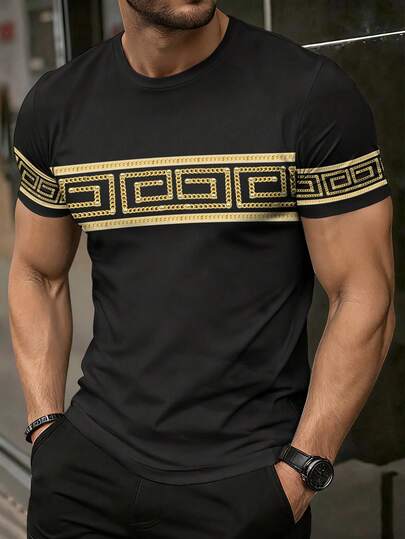 Manfinity Homme Men's Summer Black Gold Slim Fit T-Shirt Greek Key Meander Geometric Pattern Chain Stripe Print Round Neck Short Sleeve Muscle Athletic Tee Old Money Going Out Workout Gym Luxury Style Casual Top,Men's Casual Chain & Geometric Print Round Neck Short Sleeve T-Shirt, Summer