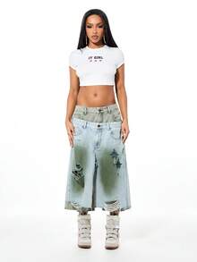 SUMWON WOMEN IT Girl Crop Top Graphic Print Short Sleeve Baby Tee Casual Summer Chest Print Ribbed Cotton Blend Fashion Statement Piece - White - View 6