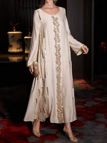 Layrah Vestido elegante de manga larga acampanada con cuello redondo, bordado y con cuentas, para primavera/verano - Albaricoque - Ver 6