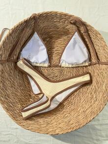 SHEIN Swim Vcay 2026春夏可调节细肩带棕色露背杏色波点侧高衩泳衣，甜美度假比基尼两件套女式泳衣 - 杏色 - 查看 2