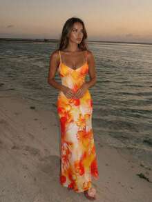 Aloruh 橙色扎染芙蓉花印花吊带紧身性感连衣裙，适合度假、海滩、音乐节、情人节等场合。 - 橘色 - 查看 4