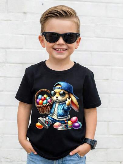 SHEIN GraphicGems Camiseta gráfica con estampado de conejito y huevo, outfit cómodo para la atmósfera festiva de Pascua, para niños pequeños en primavera y verano