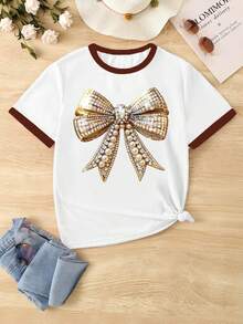 Tween Girl White Summer Cute School Back-To-School Brown Contrast Rhinestone Faux Pearl Bow Decor Graphic Print Chic Short T-Shirt,Casual Fashion - Multicolor - View 4