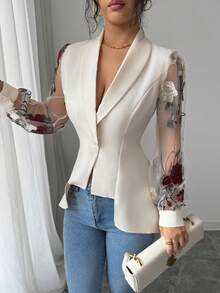 Elenzga 女士杏色V领收腰不规则下摆网纱刺绣长袖常规外套，优雅精致的设计，适合情人节、复活节、劳动节、生日、约会、派对、正式场合、教师节、活力造型、旅行度假、街头风、春夏外套，春季新款必备时尚单品，小众设计，百搭常规外套 - 杏色 - 查看 3