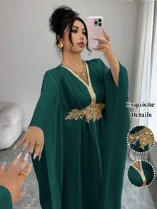 SHEIN Elenzya 金色滚边装饰优雅收腰修身中长连衣裙 - 墨綠色 - 查看 5