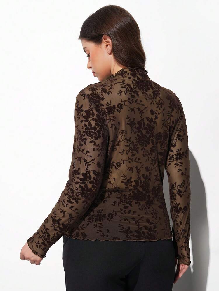 SHEIN Maija Plus Size Women Black Line Floral Flocked Mesh Funnel Neck Long Sleeve Top (Bra Not Included) Black See Through Top For Women See Through Top See Through St Patrick's Day Women Easter Summer Easter Women Party Top Beach Summer Holiday Each Vacation For Women Summer For Women Going Out Graduation