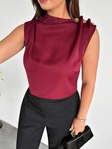 Firerie Áo kiểu nữ cỡ lớn mùa xuân/hè mới thanh lịch, cổ điển, sang trọng, không tay, cổ xếp ly bất đối xứng, cài kim loại, ôm dáng, dành cho công sở. - Màu Đỏ Sâu - Xem 8