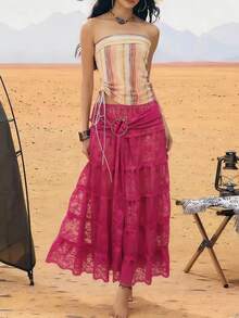 Zyxie 女士蕾丝金属装饰高开衩休闲度假约会之夜半身裙 - 玫紅色 - 查看 6