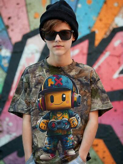 1. Boys' Casual Pullover Short Sleeve T-Shirt, Outdoor T-Shirt For Boys, Camouflage & Tree Branch Print For Teenagers, Game Robot Pattern, Boys' Casual Short Sleeve Top, Loose Knit T-Shirt Suitable For Summer