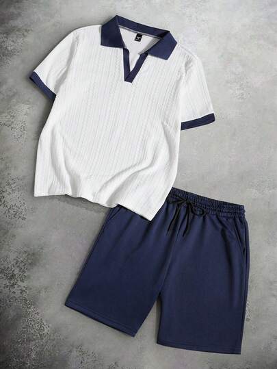 PAVTROS 2pcs/Set Plus Size Men's Comfortable Jacquard Fabric Short Sleeve Polo Shirt And Drawstring Elastic Waist Shorts, Contrast Color Cuffs And Collar, Suitable For Casual, Party, Vacation, Sports, Office, Spring And Autumn, Classic Japanese Style Short Sleeve And Shorts Set, Best Selling Classic Set, Suitable For Self-Wear Or Gift To Friends Men 2 Piece Set Short Mens Co Ord Set Short Two Piece Summer Set Men Men Clothes Short Set