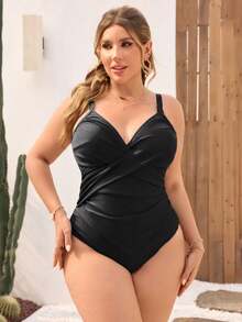 Swim Lushoire Plus Size Women V-Neck One-Piece Swimsuit,Black,Summer,Classy,Formal,Beach,Evening,Holiday,Adjustable Thick Strap Criss-Cross Ruched Fitted Swimwear - Black - View 4