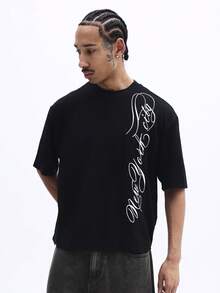 SUMWON 男士宽松印花短袖T恤，黑色休闲纯棉材质，日常街头风。 - 黑色 - 查看 1