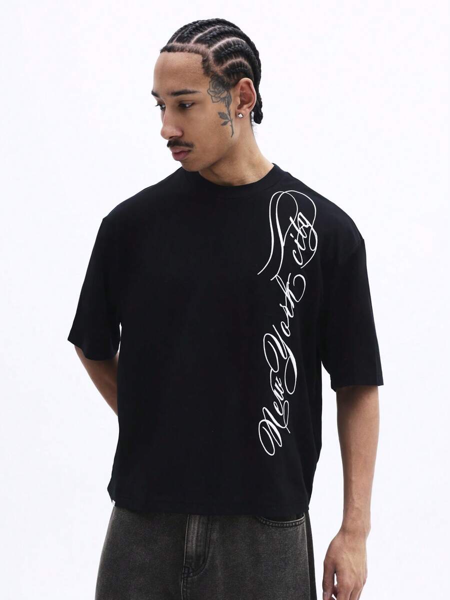 SUMWON 男士宽松印花短袖T恤，黑色休闲纯棉材质，日常街头风。 - 黑色 - 查看 1