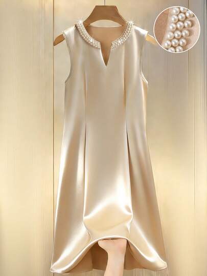 Franclia Fashionable Women's Short Knit Dress, Stretch Satin Fabric, Small V-Neck With Pearl Decor, Casual Stylish Dress, Elegant Women's Dress Champagne Silk Dress Satin Short Dress Elegant Women Dress Creme Dress Beaded Neckline Dress Wedding Guest Party Dress Satin Dress Elegant