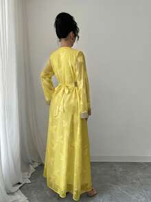 Rafferiza 女士V领长袖金色蕾丝拼接长裙 - 黃色 - 查看 2