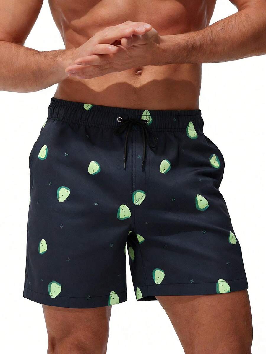 Manfinity Swimmode Men's Drawstring Waist Pockets Fruit Print Casual Beach Shorts - Black - View 1