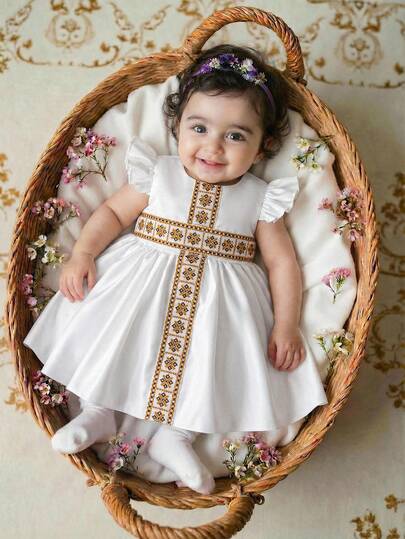 Infant/Baby GirlWhite Cap Sleeve Dress, High-Low Hem, Baby Birthday Party Formal Gown, Elegant Princess Dress For Stage Performance