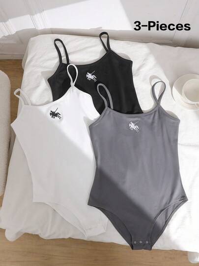 3pcs/Set Teenage Girls Casual Jumpsuit, Black/White/Gray Solid Color, Knitted Fabric With Horse Embroidery Detail, Classic Strap Jumpsuit