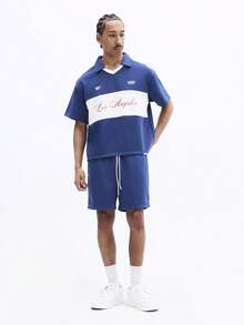 SUMWON Casual Collared Polo Short Sleeve Matching Set With Embroidered Los Angeles Logo Chest Print Relaxed Fit Comfortable Coordinated Outfit Royal Blue - Blue - View 1