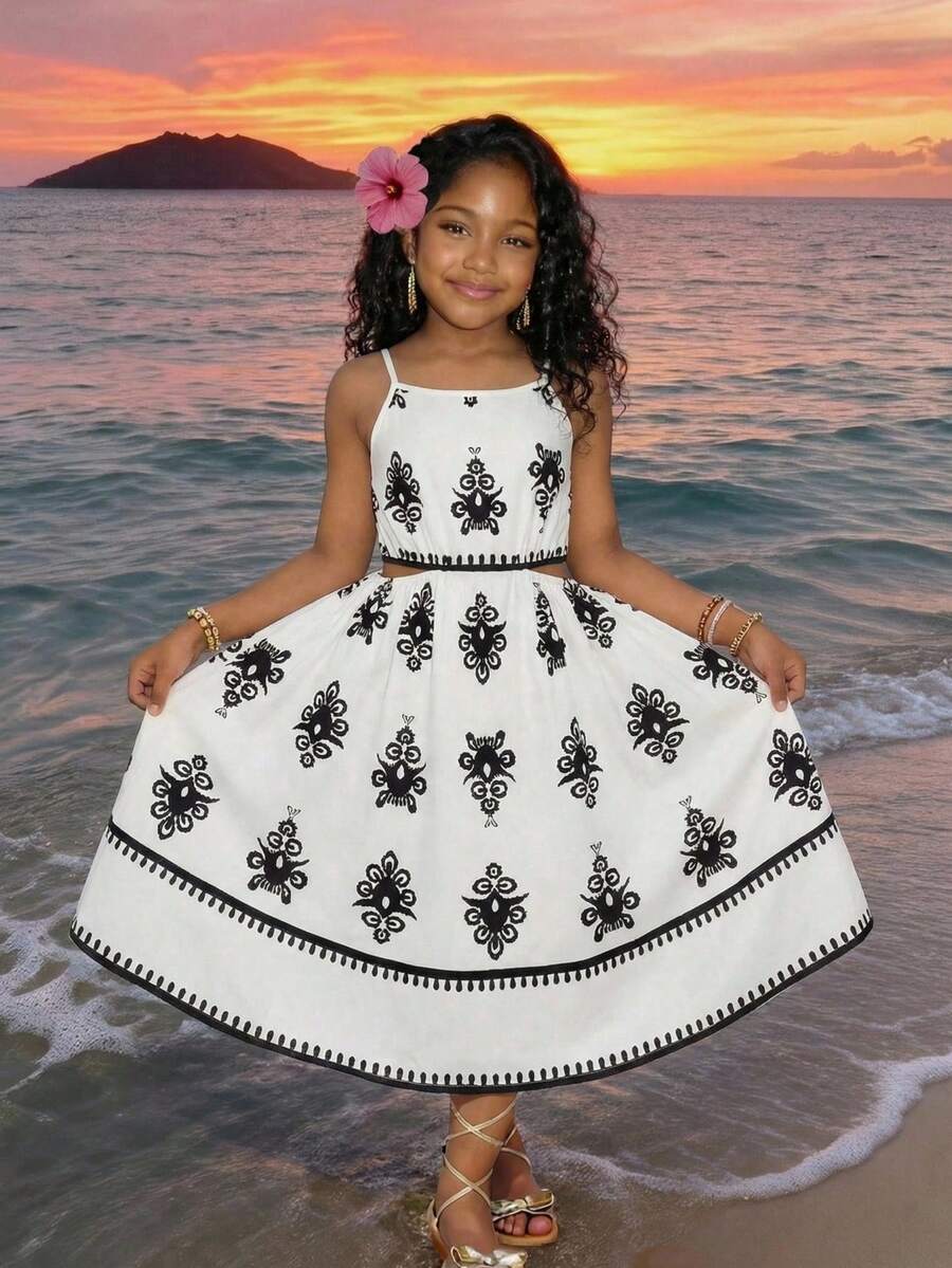 Vestido informal de tirantes con estampado floral y corte en la cintura para niña preadolescente - Albaricoque - Ver 1