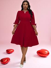 SHEIN Lady Frühlings- und Sommer-, Herbst- und Winterelegante Party-, Pendler-, Hochzeits-, Valentinstags-, Cocktailparty-, Büro-Rotes gestricktes Kleid mit rundem Ausschnitt, Ballonärmeln, Schleife und Midi-Länge, Dreiviertelärmel, Große Größen, Neujahrs-Outfit, Urlaubskleidung, Urlaubskleid, Silvesterparty-Kleid, Silvesterkleid, Silvesterparty-Kleid - Bordeaux - Übersicht 5