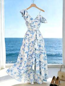 Elenzga 全新女式 V 领不对称肩部不对称荷叶边下摆设计休闲日常优雅连衣裙 - 藍白色 - 查看 3