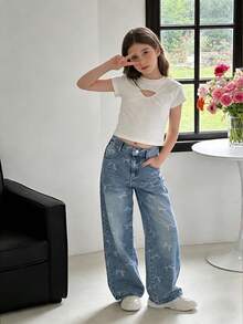SHEIN Elladie kids 少女Y2K风格牛仔裤 - 复古浅色水洗牛仔布，蝴蝶印花，宽松直筒版型，舒适柔软面料，街头风，宽松牛仔裤，Y2K阔腿牛仔裤，印花牛仔裤，秋冬款 - 淺色水洗藍 - 查看 9