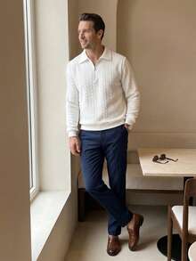 Manfinity Homme Men's Heavyweight Textured Casual Commute Minimalist Textured Polo Sweatshirt - White - View 1