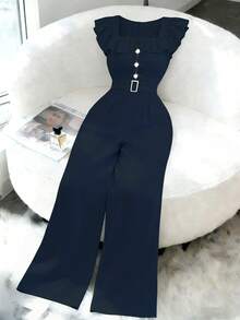 Elenzga 全新女式方领荷叶边仿门襟腰带装饰纽扣连体裤，优雅日常通勤修身高腰连体裤 - 寶藍色 - 查看 5