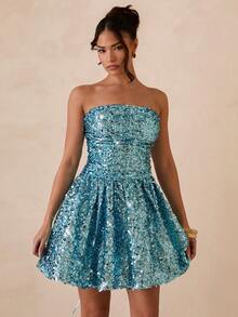 Glamine 女士亮片连衣裙、黑色连衣裙、无肩带连衣裙、时尚明星同款A字迷你连衣裙、派对鸡尾酒裙 - 藍色 - 查看 4