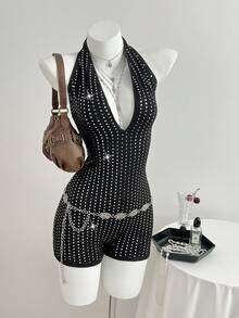 Elamini Sexy Glitter Deep V-Neck Tie-Up Bodycon Backless Romper, Spring - Black - View 3