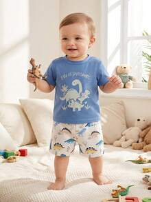 SHEIN Playful Pals Ensemble Top à manches courtes et short imprimé dinosaure mignon pour bébé garçon et tout-petit. Convient pour le jeu en extérieur et le port quotidien au printemps/été - Bleu gris - Voir 8