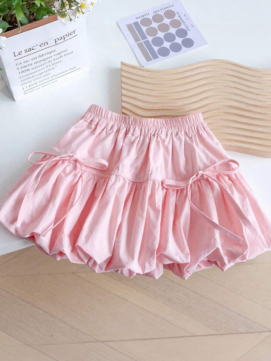 EMERY ROSE Women's Solid Color Bow Decor Elastic Waist Casual Skirt - Pink - View 1