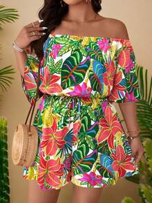 SHEIN Clasi Mono informal con hombros descubiertos y estampado para mujer talla grande - Multicolor - Ver 4