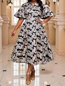 Fleurora 大码优雅佩斯利提花派对连衣裙 - 金色 - 查看 8