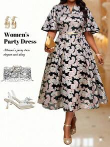 Fleurora 大码优雅佩斯利提花派对连衣裙 - 金色 - 查看 9