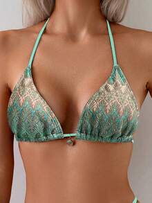 Oceva Women's Summer Beach Patchwork Halter Tie Sexy Bikini Swimsuit Set - Mint Green - View 3