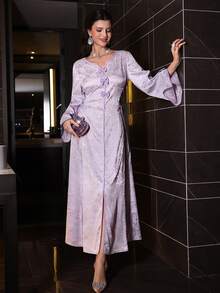 Al Najma Đầm maxi cổ chữ V tay loe thắt nơ bên hông, eo xếp ly, thích hợp cho mùa xuân/hè. - Nhiều màu - Xem 6