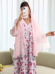 Yasmyna V领雪纺蕾丝拼接印花连衣裙配头巾 - 粉色 - 查看 2