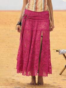 Zyxie 女士蕾丝金属装饰高开衩休闲度假约会之夜半身裙 - 玫紅色 - 查看 4