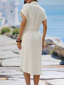 INAWLY Women's Striped Lapel Single-Breasted Knotted Waist Casual Vacation Daily Wear Midi Dress - Beige - View 2