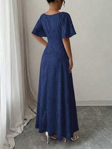 Modelyn Elegant V-Neck Ruffle Sleeve Ruched Waist Dress, Pink, Summer - Royal Blue - View 2