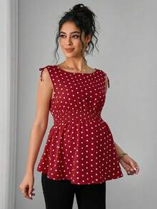 Momance 孕妇夏季休闲波点印花抽绳腰带吊带衫 - 酒紅色 - 查看 4