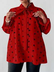 SHEIN CURVE+ 大码爱心印花长袖系带衬衫 - 紅色 - 查看 5