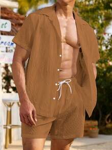 Manfinity KASUA Men's Solid Color Casual Beach Vacation Outfit - Khaki - View 4