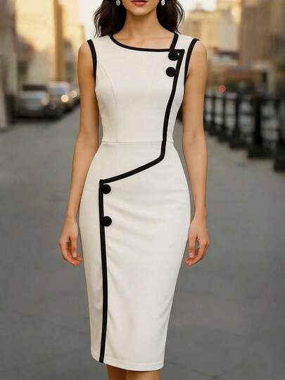 EMERY ROSE 优雅不规则条纹撞色无袖针织中长连衣裙，收腰设计，浪漫休闲风，适合日常、约会、工作、晚餐等场合，春夏皆宜。